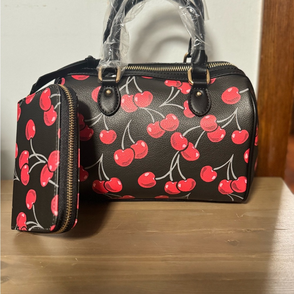 Cherry Print Black Handbag and Wallet Set